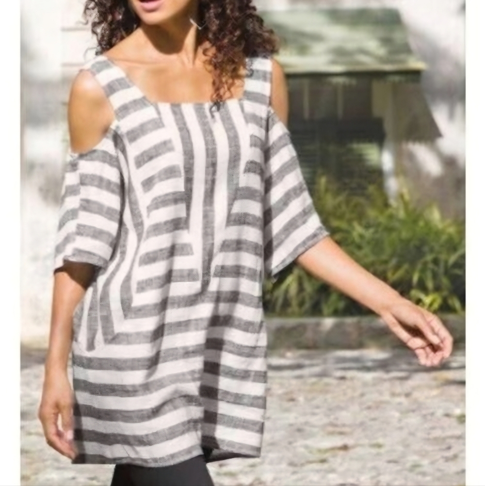 SOFT SURROUNDINGS Sunset Park Striped Linen Blend Cold Shoulder Lagenlook Tunic